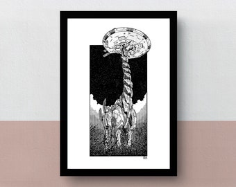 Horizon - Tallneck | A5, A4 & A3 print | imaginative artwork | original illustration of the immensive machines in the Horizon videogames