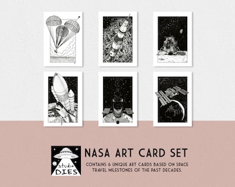 NASA Card set | A6 Cards | Saturn V | Lunar Lander | Space Shuttle Discovery | Hubble Space Telescope | ISS | Command Module | Space