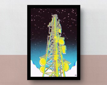 Communication | A5 or A4 print | imaginative art | original and colorful illustration of a transmission tower | 5G | Radio | Television | media