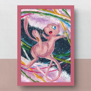 Miau | Impressão A4 | obras de arte imaginativas | pintura acrílica original do lendário Pokémon Mew