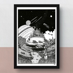 May include: A black and white pen and ink illustration of a futuristic city on a floating island. The city is surrounded by a ringed planet and stars. Two figures stand in the foreground, looking towards the city.