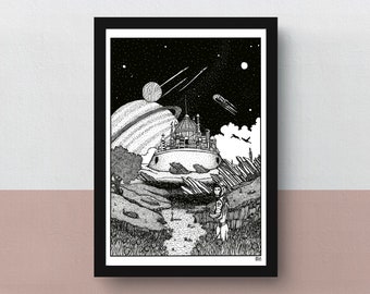 The First Colony | A4 print | imaginative artwork | original illustration of a human settlement on an alien planet far away