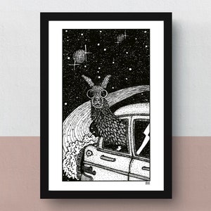 Galactic Llama A5 print imaginative artwork original illustration of an enthusiastic llama traveling through interstellar space image 1