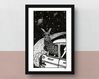 Galactic Llama | A5 print | imaginative artwork | original illustration of an enthusiastic llama traveling through interstellar space