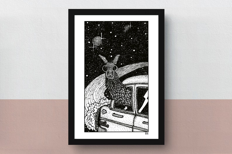 Galactic Llama A5 print imaginative artwork original illustration of an enthusiastic llama traveling through interstellar space image 1