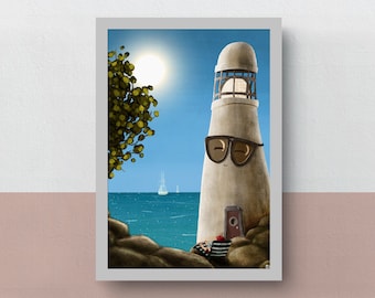 The Friendly Lighthouse in Summer | A5 or A4 print | imaginative artwork | original illustration of a happy lighthouse and its keeper