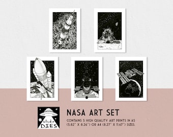 NASA illustration collection | A5 or A4 prints | Saturn V | Lunar lander | Space Shuttle | Hubble Telescope | ISS Space Station | Astronomy