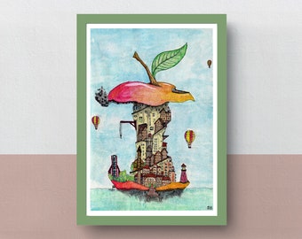 Apple Town | A5 or A4 print | imaginative artwork | original illustration of a cute and cosy village build in an apple