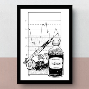 Op de afbeelding: Zwart-witte illustratie van een spuit en een fles insuline. De fles is geëtiketteerd met "INSULINE". Op de achtergrond is een lijndiagram te zien met een schommelende lijn.