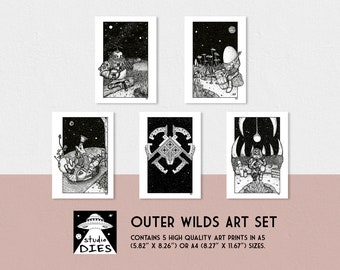 Outer Wilds art set | A5 or A4 prints (4+1) | imaginative artwork | original illustrations by Riebeck | Gabbro | Chert | Feld spruce | Nomai