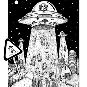 Aliens on the Farm A5 or A4 print imaginative artwork original drawing of farm animals watching an alien abduction image 2