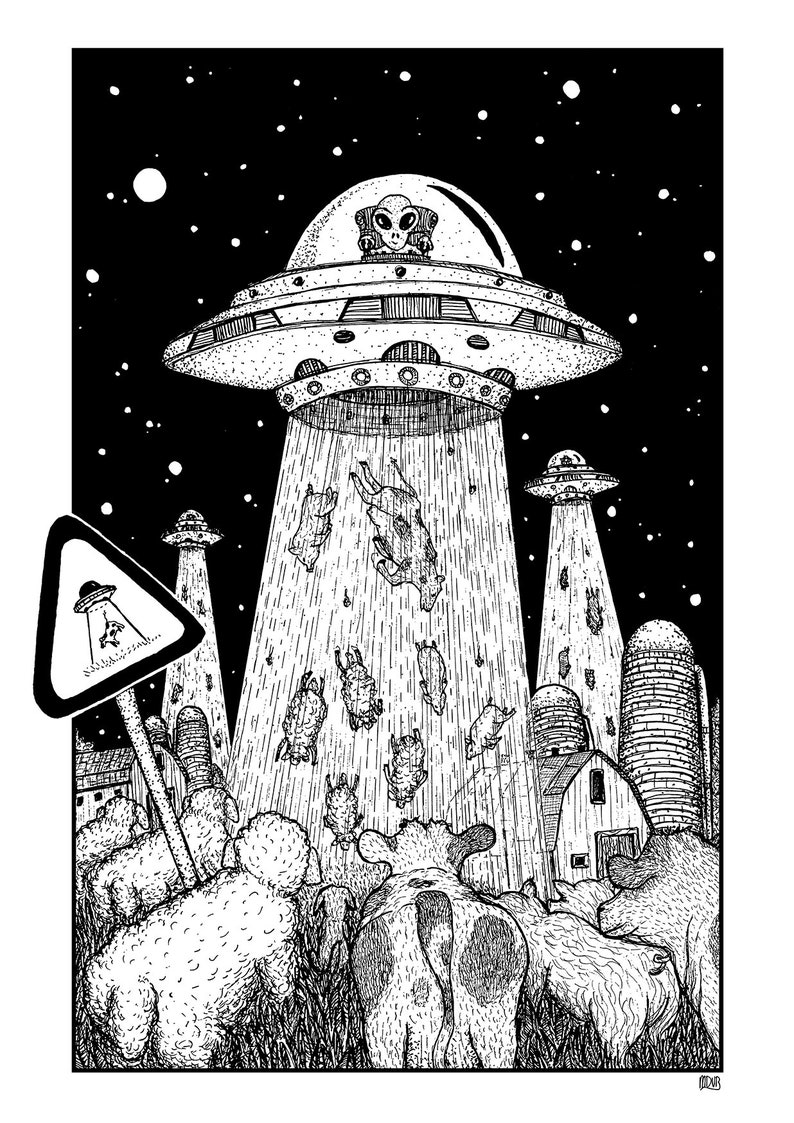 Aliens on the Farm A5 or A4 print imaginative artwork original drawing of farm animals watching an alien abduction image 2