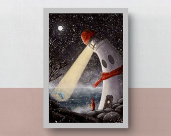 The Friendly Lighthouse in Winter | A5 or A4 print | imaginative artwork | original illustration of a happy lighthouse and its keeper