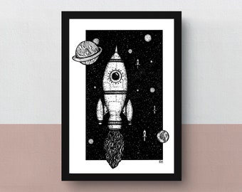 Rocketship | A5 print | imaginative artwork | original illustration of a rocket traveling through outer space reaching new destinations