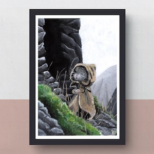El ratón viajero | Impresión A5 y A4 | Póster A3 | obras de arte imaginativas | pintura acrílica original de un ratón viajero en un valle