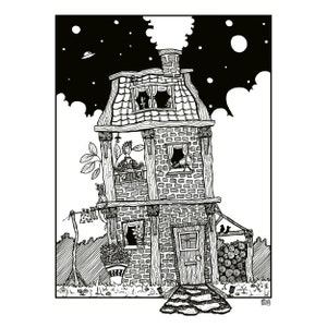 Enjoying A4 print imaginative artwork original illustration of a unique and cosy house underneath a starry sky image 3