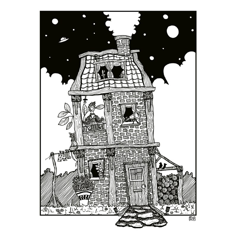 Enjoying A4 print imaginative artwork original illustration of a unique and cosy house underneath a starry sky image 3
