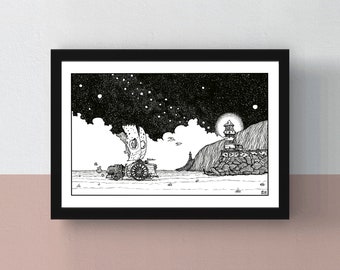 FAR: Lone Sails | A5 & A4 print | A3 poster | imaginative illustration | illustration of a vehicle traveling through a desolate landscape