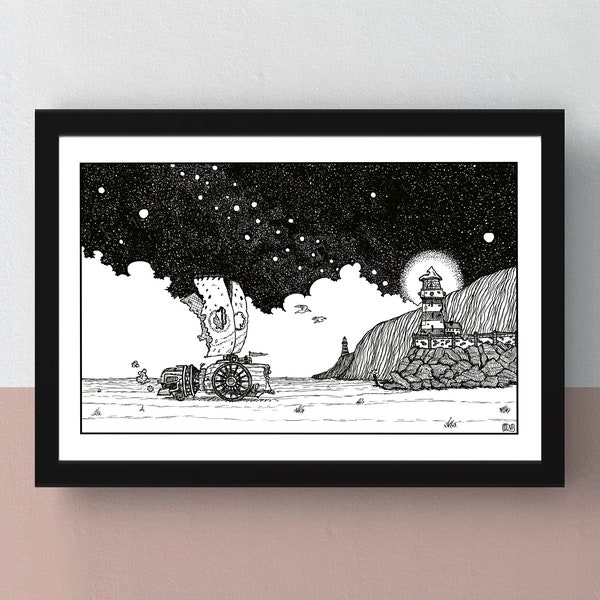 FAR: Lone Sails | A4 print | imaginative illustration | original illustration of a futuristic vehicle traveling through a desolate landscape