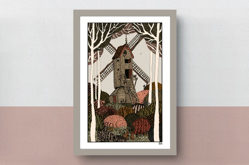 The Post Mill A4 double-sided print imaginative artwork original illustration of an authentic Dutch windmill image 2