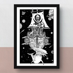 Space Pirates | A5 or A4 print | imaginative artwork | original illustration of two space pirates and dolphins travelling through space