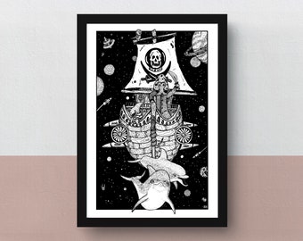 Space Pirates | A5 or A4 print | imaginative artwork | original illustration of two space pirates and dolphins travelling through space