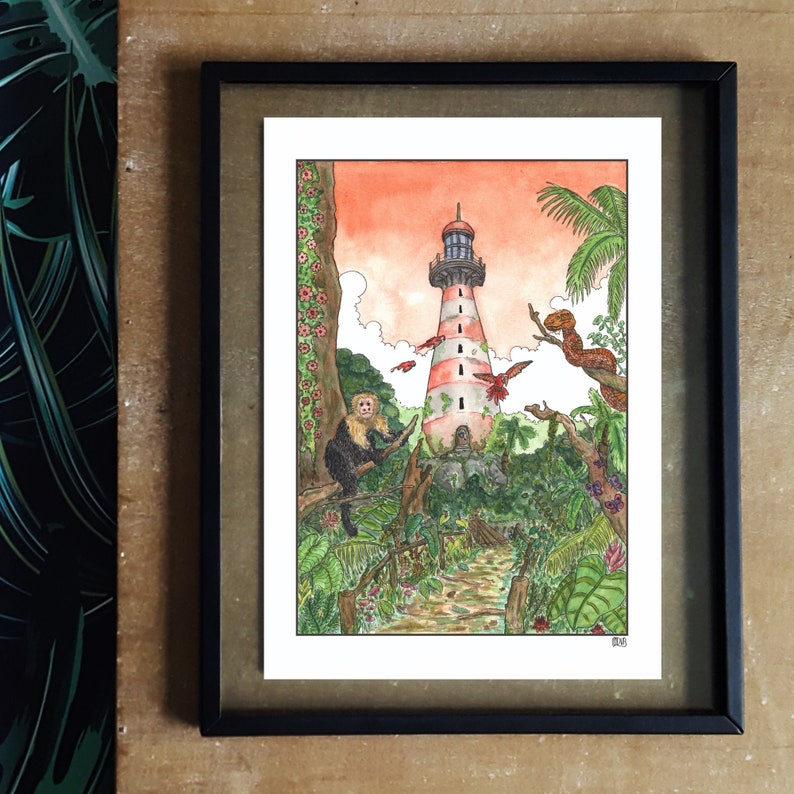 Lost Lighthouse in the Tropics A5 or A4 print imaginative artwork original illustration of a lost lighthouse in the jungle image 2