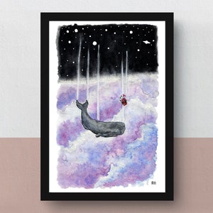 May include: A watercolour painting of a whale swimming through a purple and blue cloudy sky with a small red boat in the distance. The sky is filled with stars and the whale is facing the right side of the image.