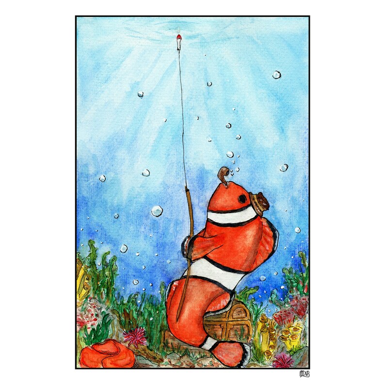 Clownfishing A5 print imaginative artwork original illustration of a clownfish fishing towards the world above water image 3