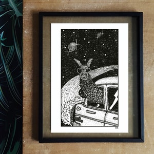 Galactic Llama A5 print imaginative artwork original illustration of an enthusiastic llama traveling through interstellar space image 2