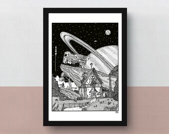 A home, far, far away | A4 print | imaginative artwork | original illustration of a cosy house on a planet far away from earth