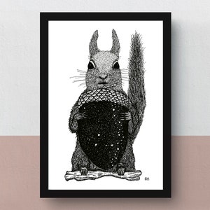 May include: Black and white illustration of a squirrel holding a large acorn with a starry sky inside. The squirrel is standing on a branch.
