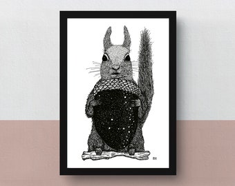 May include: Black and white illustration of a squirrel holding a large acorn with a starry sky inside. The squirrel is standing on a branch.