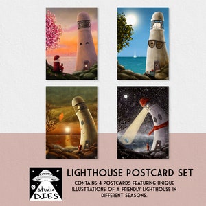 Conjunto amigável de cartão postal farol | Cartões A6 | Primavera | Verão | Outono | Inverno | quatro ilustrações únicas e positivas para compartilhar