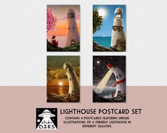 Friendly Lighthouse Postcard Set | A6 cards | Spring | Summer | Autumn | Winter | four unique and positive illustrations to share