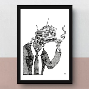 May include: Black and white illustration of a robot wearing a suit and tie, smoking a cigarette. The robot's head is made of gears and other mechanical parts.