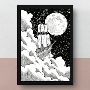 Cloud Ship A4 print imaginative artwork original illustration of a wooden sailing ship traveling through the clouds and along the moon image 1