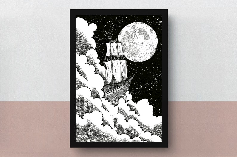 Cloud Ship A4 print imaginative artwork original illustration of a wooden sailing ship traveling through the clouds and along the moon image 1