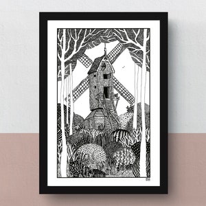 The Post Mill A4 double-sided print imaginative artwork original illustration of an authentic Dutch windmill image 3