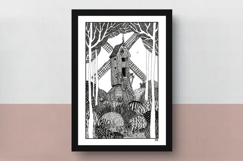 The Post Mill A4 double-sided print imaginative artwork original illustration of an authentic Dutch windmill image 3