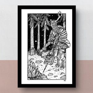 May include: Black and white illustration of a deer-like creature with antlers playing a stringed instrument in a forest setting. The creature is wearing a cloak and holding the instrument in its hands. There is a fire in the foreground.