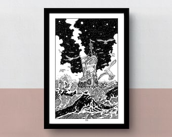 The Tugboat | A5 or A4 print | A3 poster | original black and white illustration of a boat on a stormy sea