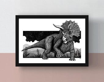 Triceratops | A5 and A4 Print | A3 Poster | Detailed fineliner illustration of a Triceratops | Paleontology | Dinosaur | Dino | Artwork