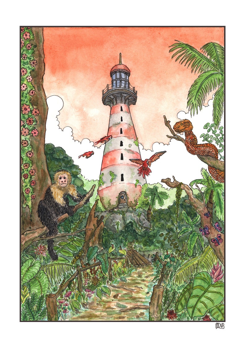 Lost Lighthouse in the Tropics A5 or A4 print imaginative artwork original illustration of a lost lighthouse in the jungle image 3