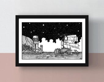 FAR: Lone Sails | A5 & A4 print | A3 poster | imaginative illustration | illustration of a vehicle traveling through a desolate landscape