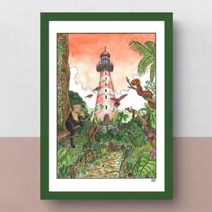 Lost Lighthouse in the Tropics A5 or A4 print imaginative artwork original illustration of a lost lighthouse in the jungle image 1