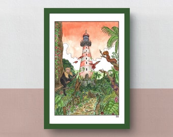 Lost Lighthouse in the Tropics | A5 or A4 print | imaginative artwork | original illustration of a lost lighthouse in the jungle