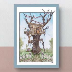 La fantástica casa del árbol | Impresión A5 o A4 | Póster A3 | obras de arte imaginativas | ilustración de niños jugando en una fresca casa en el árbol