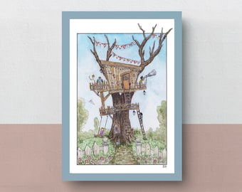 The Fantastic Treehouse | A4 print | imaginative artwork | original illustration of children playing in and outside of a very cool treehouse