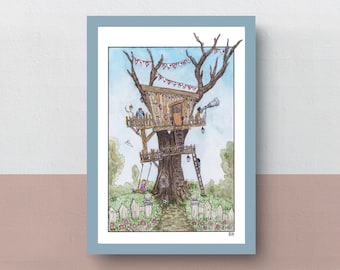 The Fantastic Treehouse | A5 or A4 print | A3 poster | imaginative artwork | illustration of children playing in a very cool treehouse